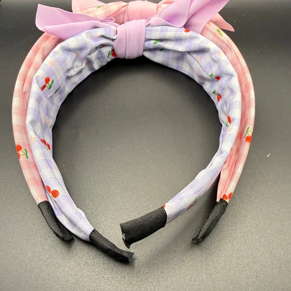 Cute Cherry Gingham‎ Headband Set Pink Purple Knot Bow Hair Accessory